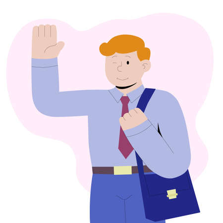 Flat illustration of businessman or student in suit with briefcase. Vector cartoon character. A smiling man waves his hand in greetingのイラスト素材