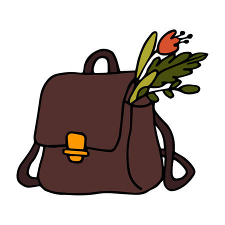 Briefcase with herbs in doodle style. Color vector illustration of school bag with flowers. Hand drawn cartoon suitcase icon. Cute witch's bag.のイラスト素材