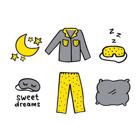 Sleep routines set with text. Vector cozy illustration in doodle style isolated on white backgroundのイラスト素材