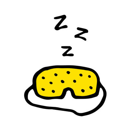Yellow sleeping mask icon with snoring symbol. Vector illustration in doodle style. Hand drawn sign of accessory for relax. Cartoon print isolated on white backgroundのイラスト素材