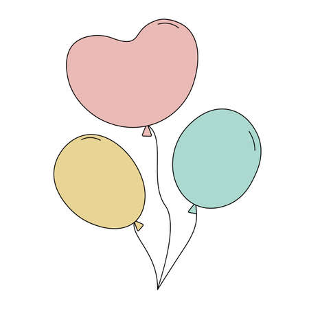 Color balloons in doodle style. Heart shaped balloon. Vector illustration isolated on white background. Festive decoration for party, birthday, wedding, graduation or bacheloretteのイラスト素材