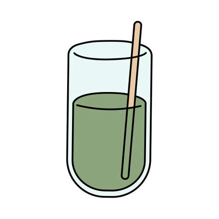 Glass of freshly squeezed juice in doodle style. Vector illustration isolated on white background. Cartoon green smoothie or cocktail. Sign for sticker, clipart, menuのイラスト素材
