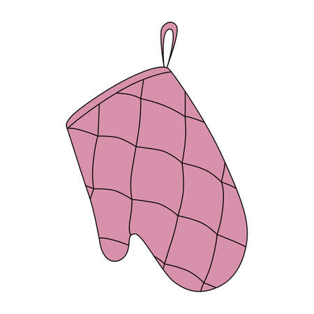Pink oven mitt in cartoon style. Cute retro potholder. Vector illustration isolated on white backgroundのイラスト素材