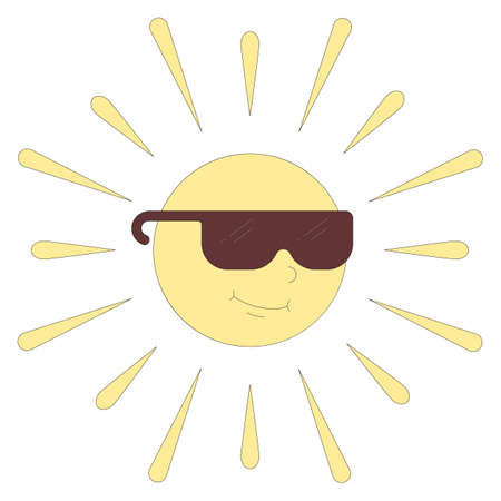 Sun in sunglasses. A cartoon-style character. Vector illustration isolated on white backgroundのイラスト素材