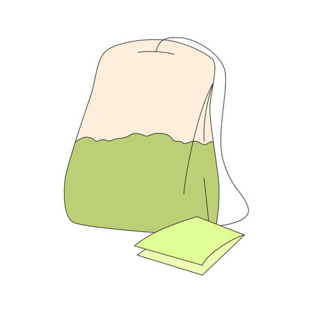Tea bag in cartoon style. Vector illustration of green herbal tea isolated on white backgroundのイラスト素材