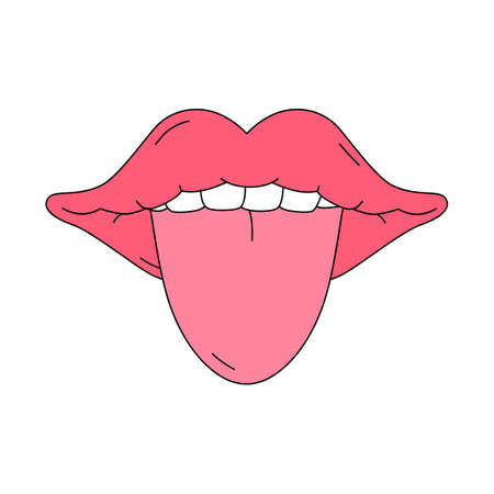 Open mouth with tongue sticking out in traditional cartoon style. Vector illustration isolated on white background. Symbol of passion and sexuality for sticker, print, poster, greeting cardのイラスト素材