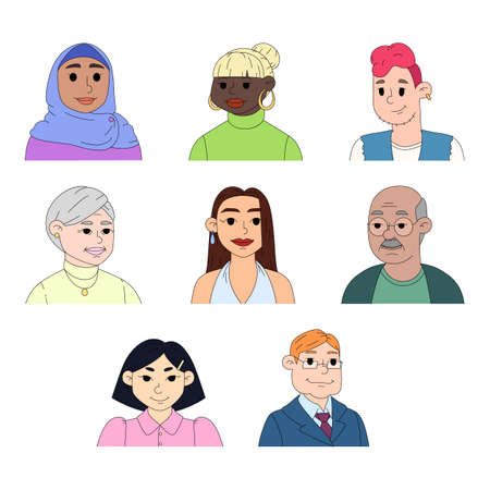 Set of portraits of people in doodle style. Collection of vector illustration isolated on white background. colorful cartoon charactersのイラスト素材