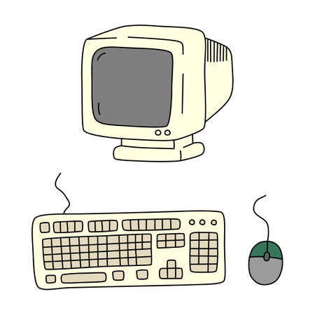 Monitor, keyboard and computer mouse in cartoon style. Vector illustration isolated on white backgroundのイラスト素材