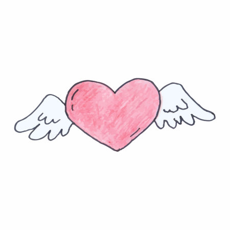 Hand-drawn cute heart with wings. Vector illustration isolated on white background. Symbol of love. Sticker for Valentine's dayのイラスト素材