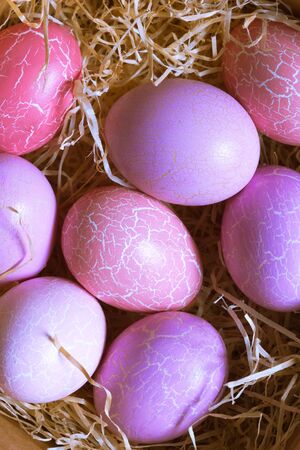 Pink, lilac and purple easer eggs lying in a thatchの写真素材