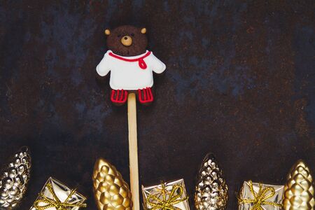 Christmas gingerbread surrounded with bright decorations, New year backgroundの写真素材