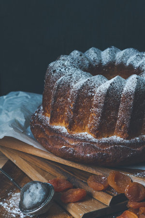 Cottage cheese cake with dried apricots, food photographyの写真素材