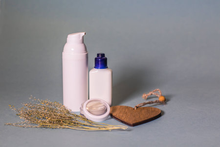 Organic cosmetic on the blue backgroundの写真素材