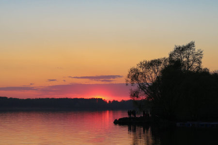 beautiful sunset on the riverの写真素材