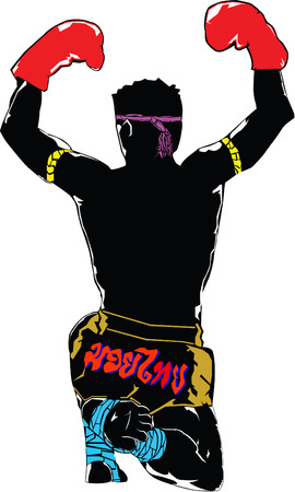 Back of Black silhouette muay thai character in complete suit with respect to boxing teacher demeanorのイラスト素材