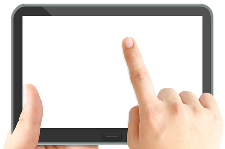 Left hand holding and right hand touch on the white blank screen of tablet on white background.の写真素材
