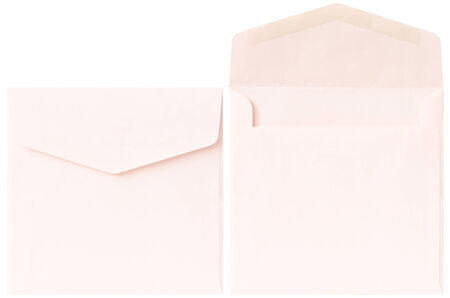 The 2 pink square envelopes in open and close condition on white backgroundの写真素材