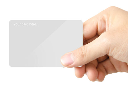 Showing the blank card by hand on white background for designer or creative user.の写真素材