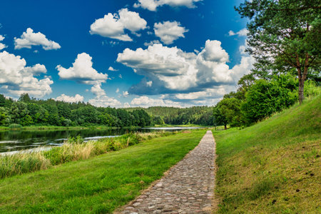 Beautiful Panoramic View With Amazing Clouds. Amazing River and Forest Landscape, Stepping Stone....