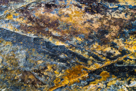 Rusty Metal Wall, Old Iron Sheet, Covered With Rust Multi-Colored Paint. Trace of Remnant of Old Paint in Large Deep Crack on Texture of Surfaceの写真素材