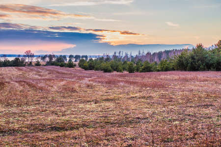 Early Spring Landscape with Sunset over Lakeの写真素材