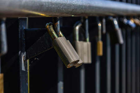 Love Locks Hanging on the Rail Among Others Variegated Padlocks