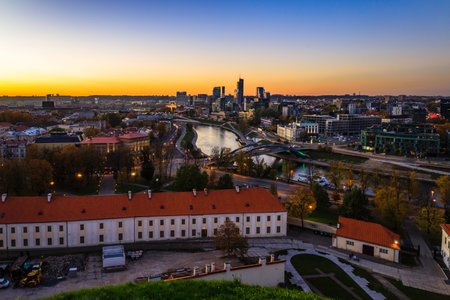 panorama of the modern part of Vilnius at sunsetの写真素材
