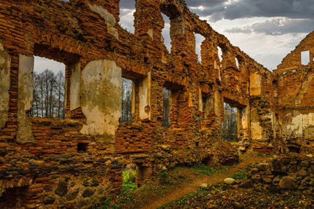 the ruins of the old manor house built of red brick. Republic of Paulava, Lithuania