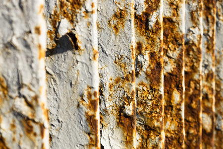 Metal bridge railing with corrosion, rust, deep cracks, and paint flaking texture.