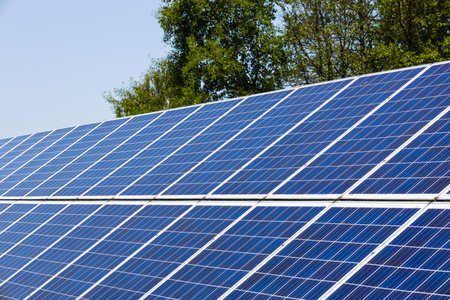 Solar panels on the sky background. Solar power plant. The alternative source of electricity.の写真素材