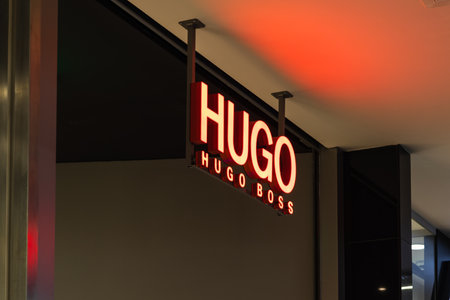 Hugo Boss logo on the store. Kaunas, Lithuania, 22 June 2022.のeditorial素材