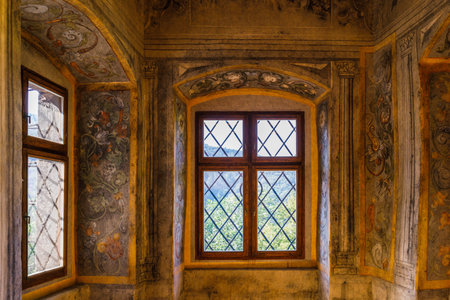 Traditional vintage window ornaments of the Orava Castle. Oravsky Podzamok, Slovakia, 21 July 2022.