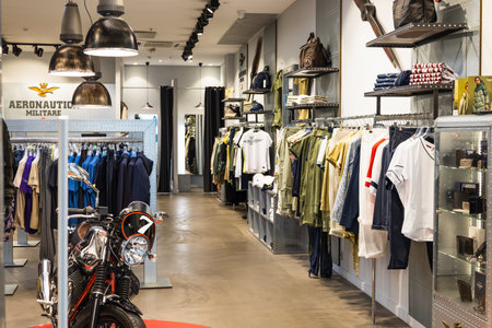 Interior of a brand new fashion clothing store. Panorama, Vilnius, Lithuania 10 April 2022.のeditorial素材