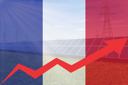 Rising arrow on France flag with electric towers and solar panels. Electricity price growth