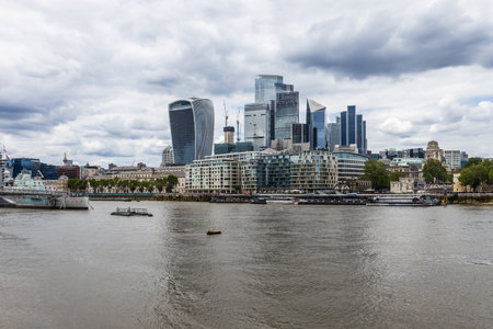 Modern London Skyline Across the River Thames with Iconic Skyscrapersの写真素材