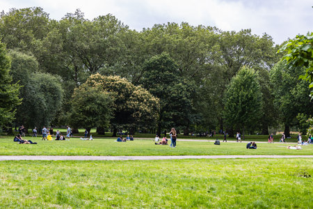 Lush Green Park with People Relaxing and Enjoying Outdoor Activities on a Sunny Dayの写真素材