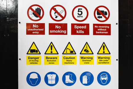 Safety and Warning Signs. Construction Site Regulations With Hazard and Protective Symbols