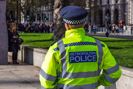 Back view of police officer monitoring crowd in central London park areaの写真素材