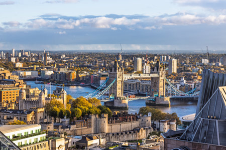 Aerial View of London Skyline Featuring Tower Bridge and Thames Riverの写真素材