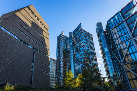 Low Angle View of Futuristic Office Towers and Corporate Architectureの写真素材