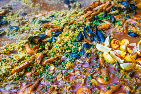 Seafood Paella Cooking Fresh at Borough Market, London Famous Food Venueの写真素材