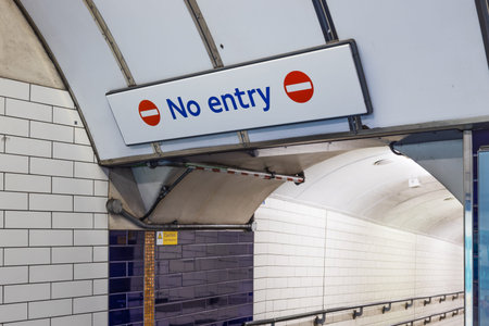 No Entry Sign in London Underground Tunnel at Subway Station Entrance