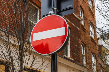 Red No Entry Traffic Sign Mounted on Poleの写真素材