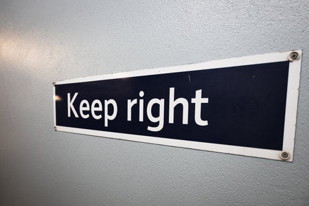 Clear - Keep Right - Directional Sign Mounted on White Wall for Guidanceの写真素材