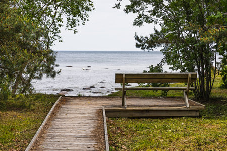 Wooden bench facing Baltic Sea at end of forest boardwalk path in Kaltene rocky coast, Latviaの写真素材