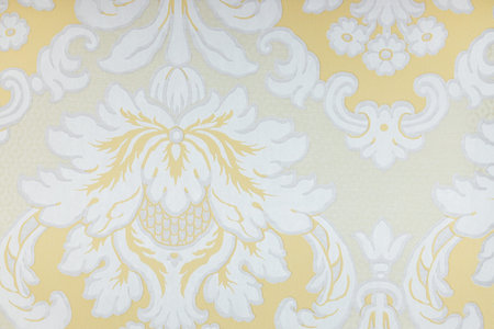 Vintage White Floral Damask Pattern over Soft Gold, Classic Rococo Wallpaper Backgroundの写真素材