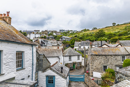 Port Isaac Rooftops and Hillside Cottages. Elevated Village View, Cornwall, Englandの写真素材