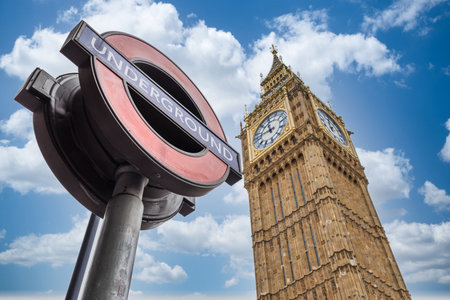 Big Ben and London Underground Roundel in Westminsterの写真素材