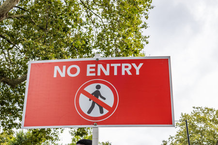 Red No Entry Pedestrian Prohibition Sign Outdoors, Restricted Area Warningの写真素材