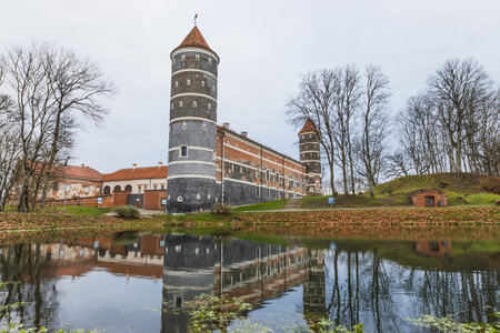 Panemunes Castle in Lithuania with Tower Reflections in Moatの写真素材
